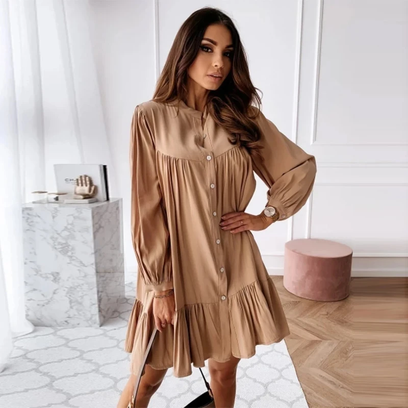

Women Vintage Ruffled Front Button A-line Dress Long Sleeve Stand Collar Solid Elegant Casual Mini Dress 2020 Autumn New Dress