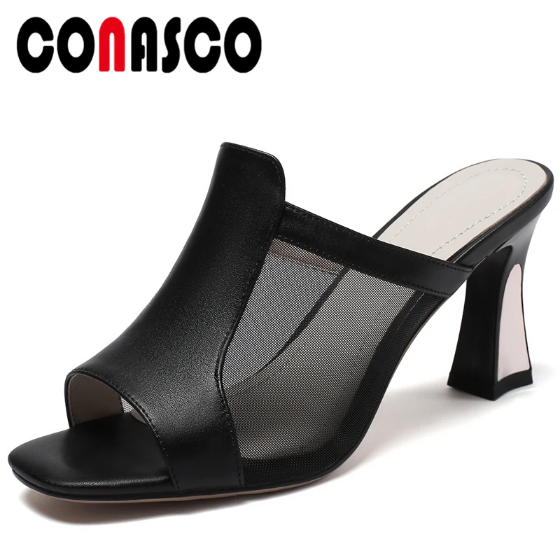 

CONASCO Women Sandals Pumps Fashion Concise Sexy Mesh Genuine Leather High Heels Slippers Summer New Party Casual Shoes Woman