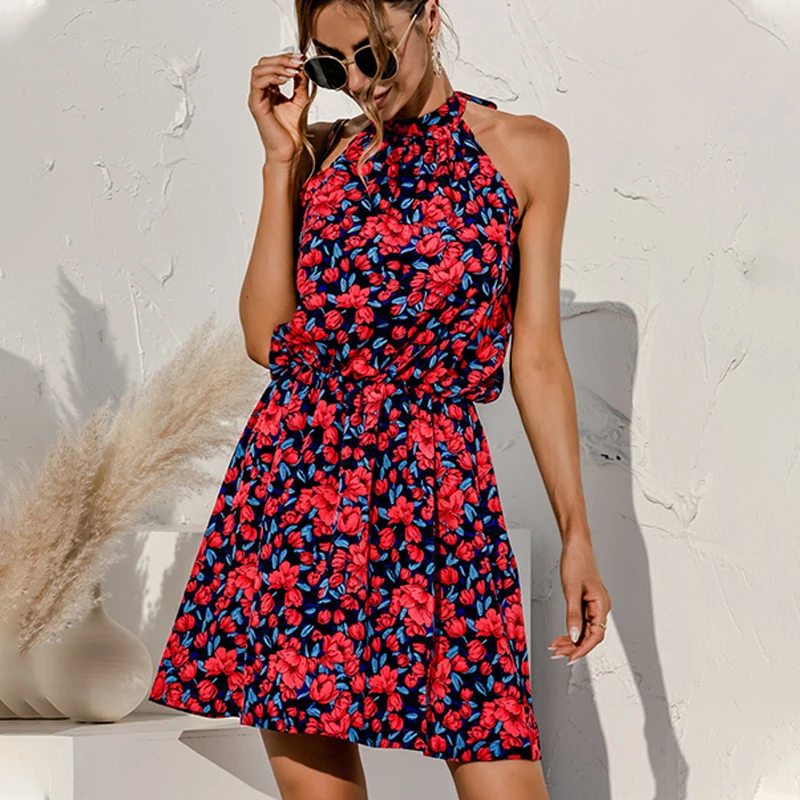 

Women Summer Sexy Halter Lace Up Print Dress 2021 New sleeveless Off Shoulder Slim party dress Casual beach Long Vestidos Female