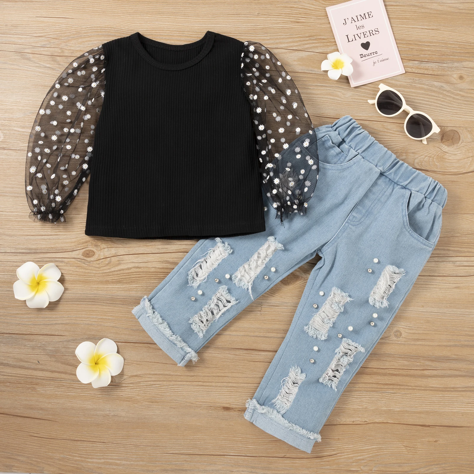 Фото Женский джинсовый комплект одежды Ma & Baby сетчатый топ с длинным рукавом и