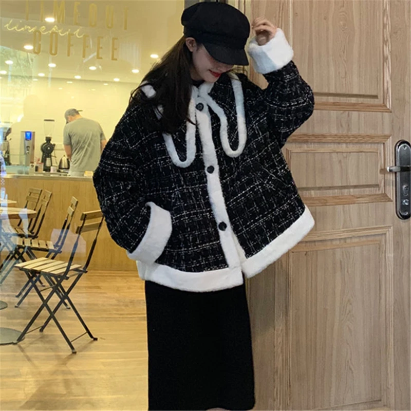 Женское шерстяное пальто толстое твидовое Свободное в клетку с кроличьими