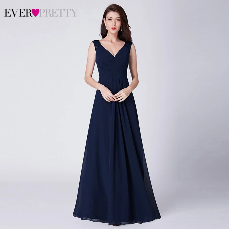 Простые шифоновые платья для выпускного вечера Ever Pretty A-Line с v-образным вырезом и рюшами без рукавов, изящный, темно-синий вечерний наряд Jurken