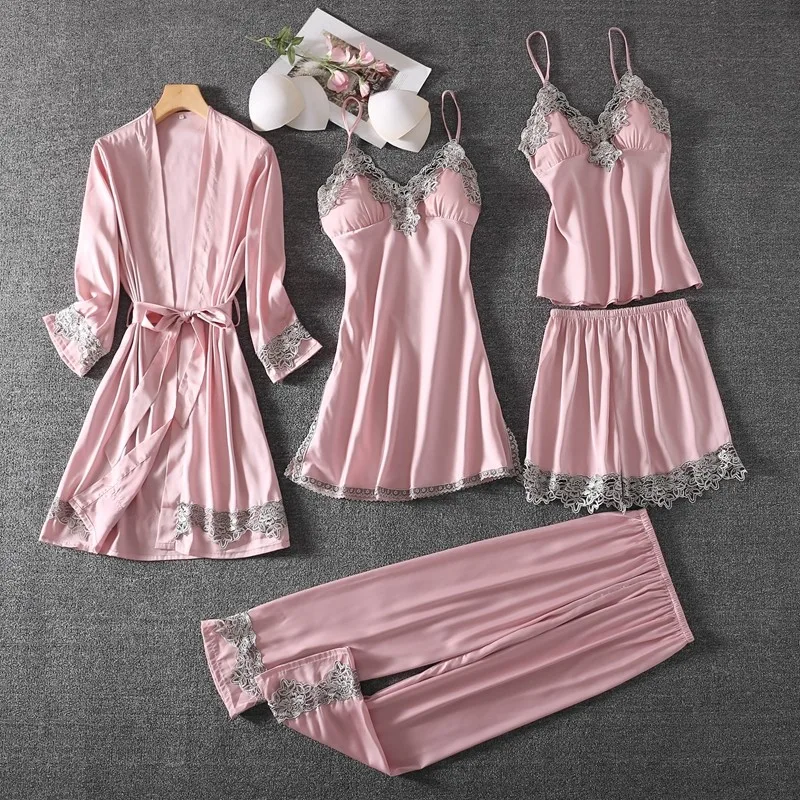 Комплект атласного халата с принтом 5 шт. сексуальная ночная рубашка женская