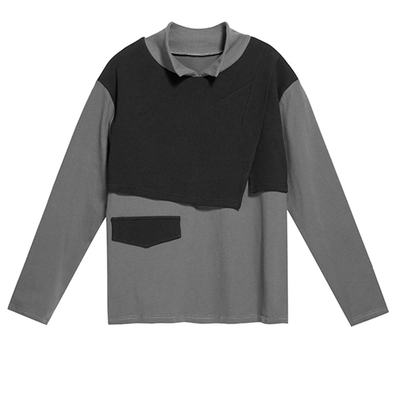 

[EAM] Women Gray Contrast Color Big Size Irregular T-shirt New Turtleneck Long Sleeve Fashion Tide Spring Autumn 2021 1DB350