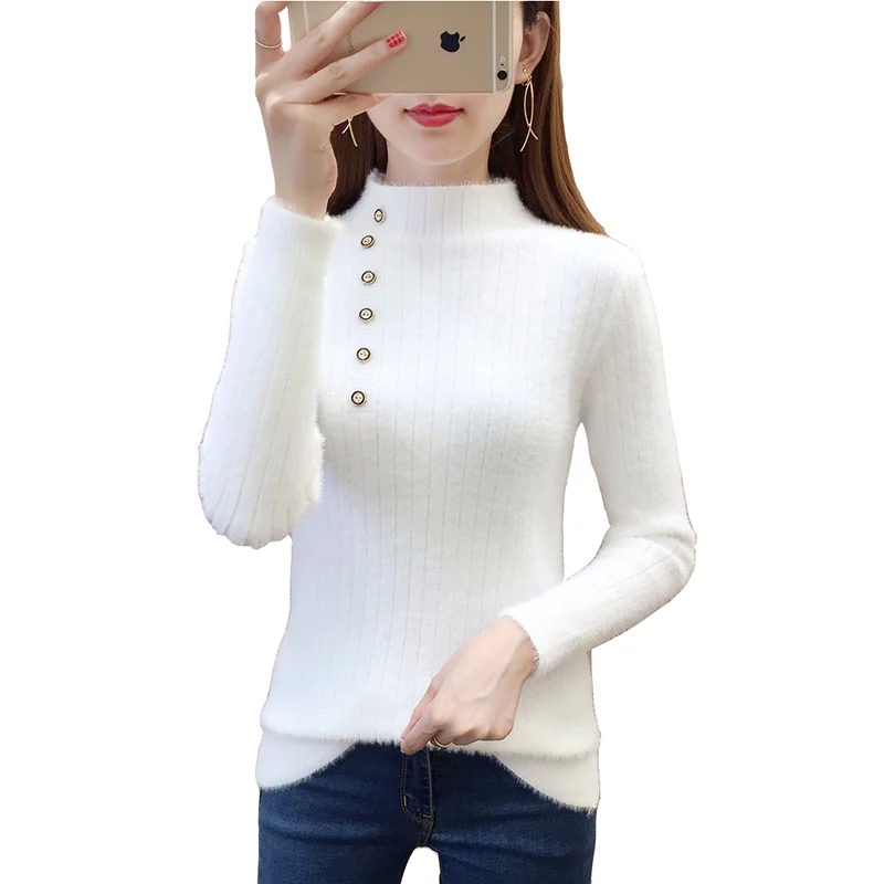 

Waterproof Mink Hedging Sweater Woman Autumn Winter Jacket Female New With Thick Solid Color Slim Knit Bottoming Shirt Women