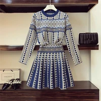 women knitted 2 piece sets casual jacquard geometric pattern sweater jumpers a line skirt sets fall winter new blue black gray