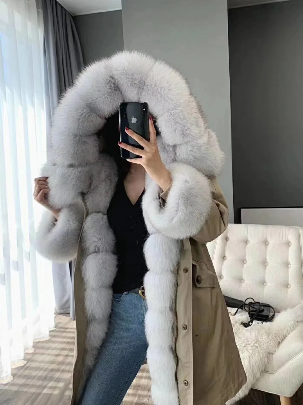 Пальто из натурального меха зимняя куртка женская длинная парка натуральный Лисий меховой капюшон, воротник Рекс подкладка из кроличьего меха Съемная уличная