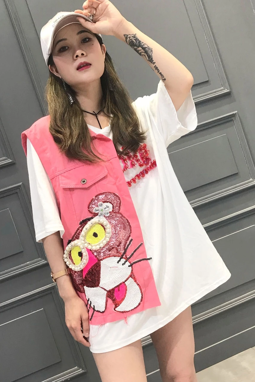 

BabYoung Brand 2021 Summer New Cartoon Letters Handmade Beaded Sequins Personality Stitching Denim Sweet Beauty T-shirt