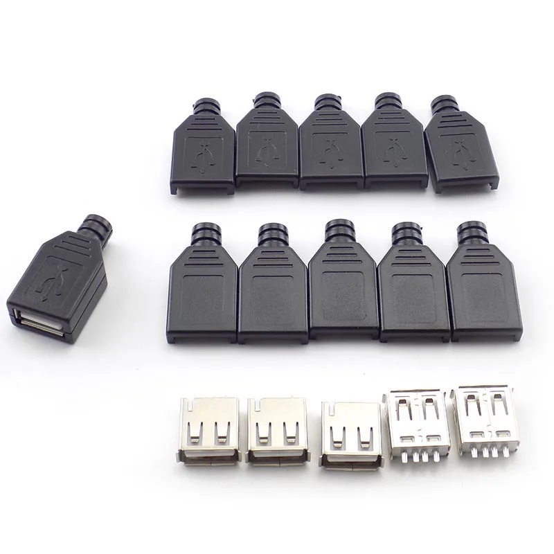 

10 штук в наборе USB Тип разъёма у муфтовый стыковочный USB 2,0 4-контактный разъем адаптера припоя с черным Пластик крышка DIY разъем