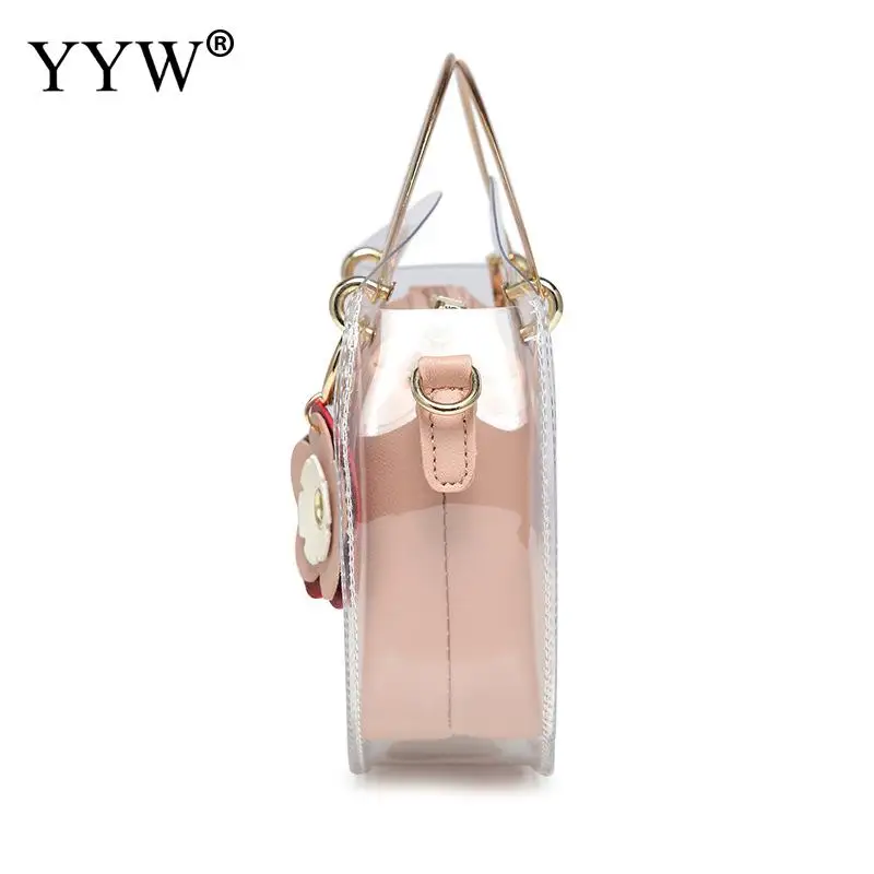 

Pink Fashion Women Bag Sets Transparent Handbags Shoulder Bag For Teenage Girls Fashion Jelly Crossbody Bag Circle Handle Tote