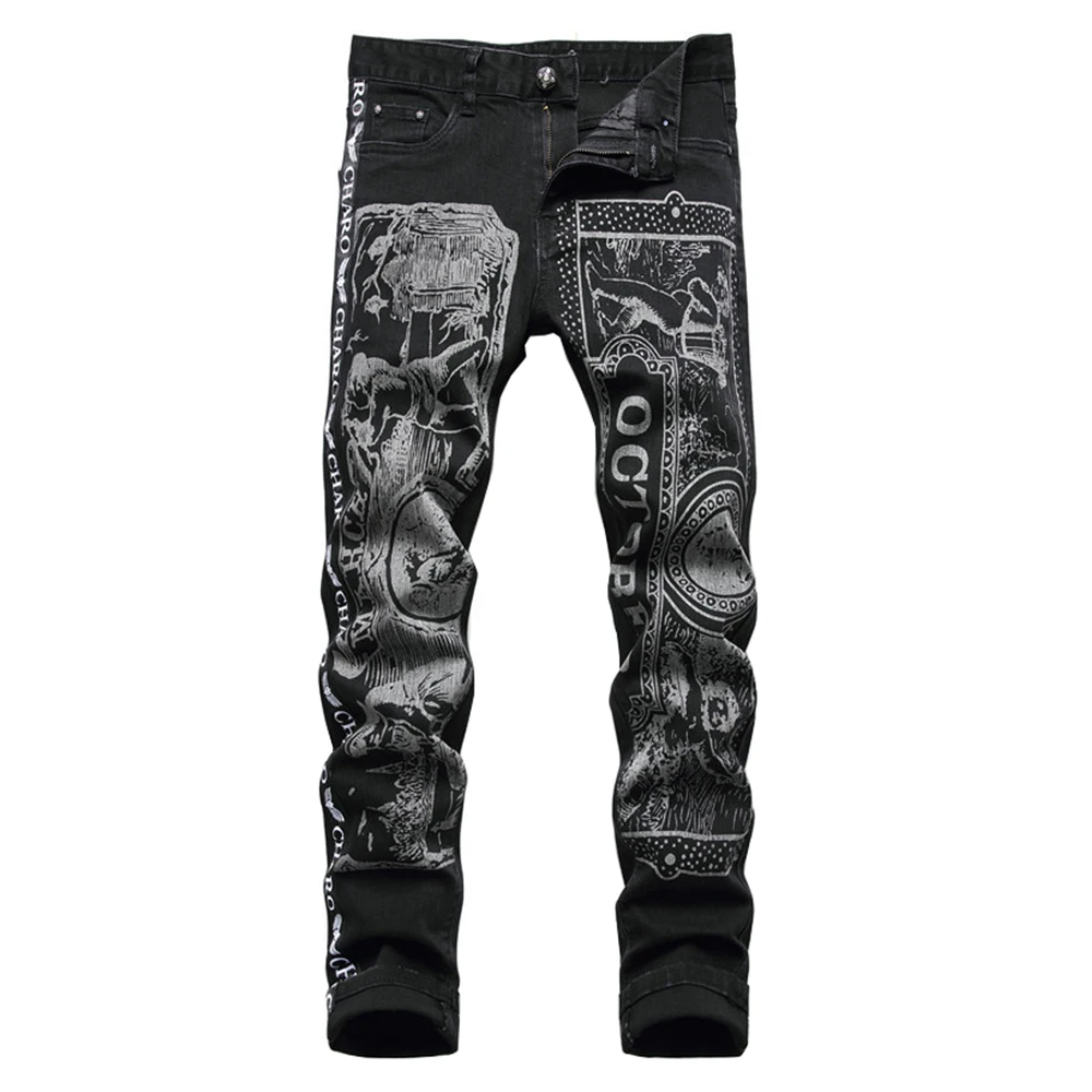 

Мужские черные джинсы с принтом букв, модные облегающие джинсовые брюки со средней посадкой