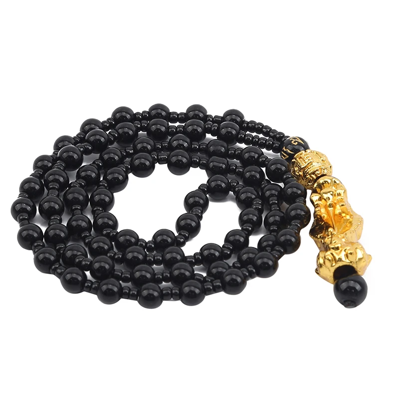

Pixiu Pendant Necklace Symbol Wealth and Good Luck Charm Necklace Chinese Feng Shui Faith Obsidian Stone Beads Necklaces