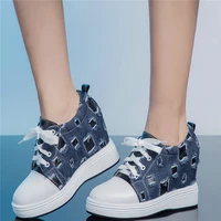 tennis shoes women genuine leather wedges high heel vulcanized shoes female lace up canvas fashion sneakers platform pumps shoes