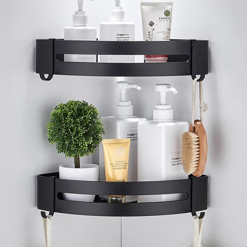 

Perforation-free Bathroom Racks, Aluminum Storage Racks, Shower Storage Racks, Wall-mounted Black Corner Racks