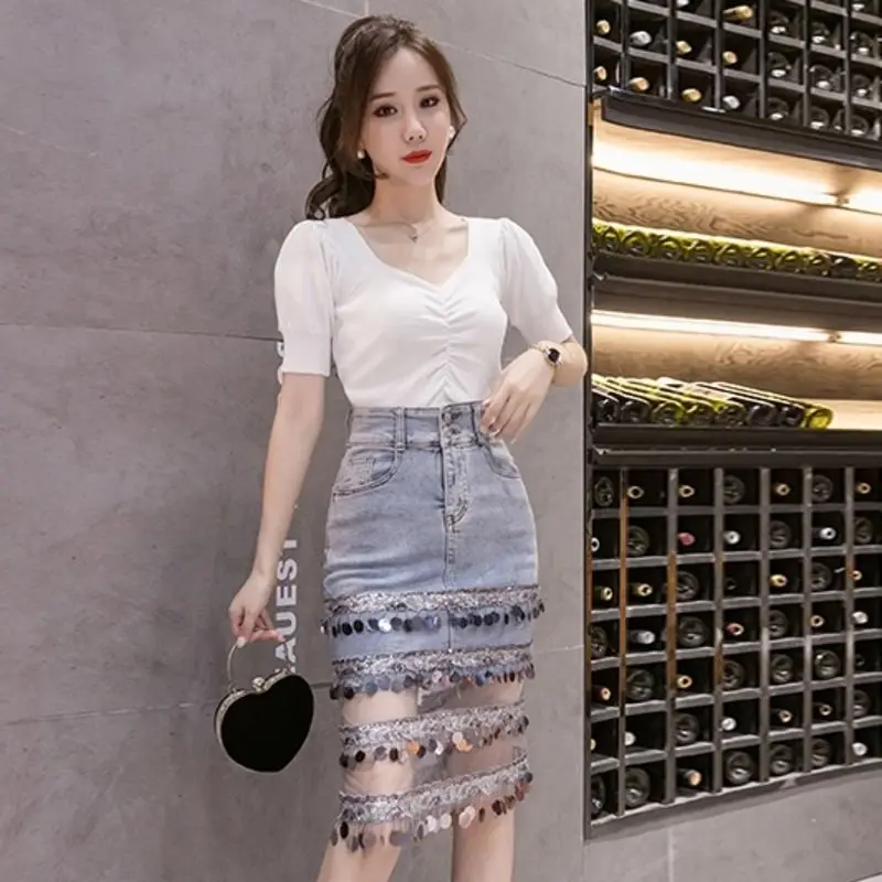 

High waist denim skirt women's half length short skirt shows thin new Sequin stitching breasted skirt in spring and summer