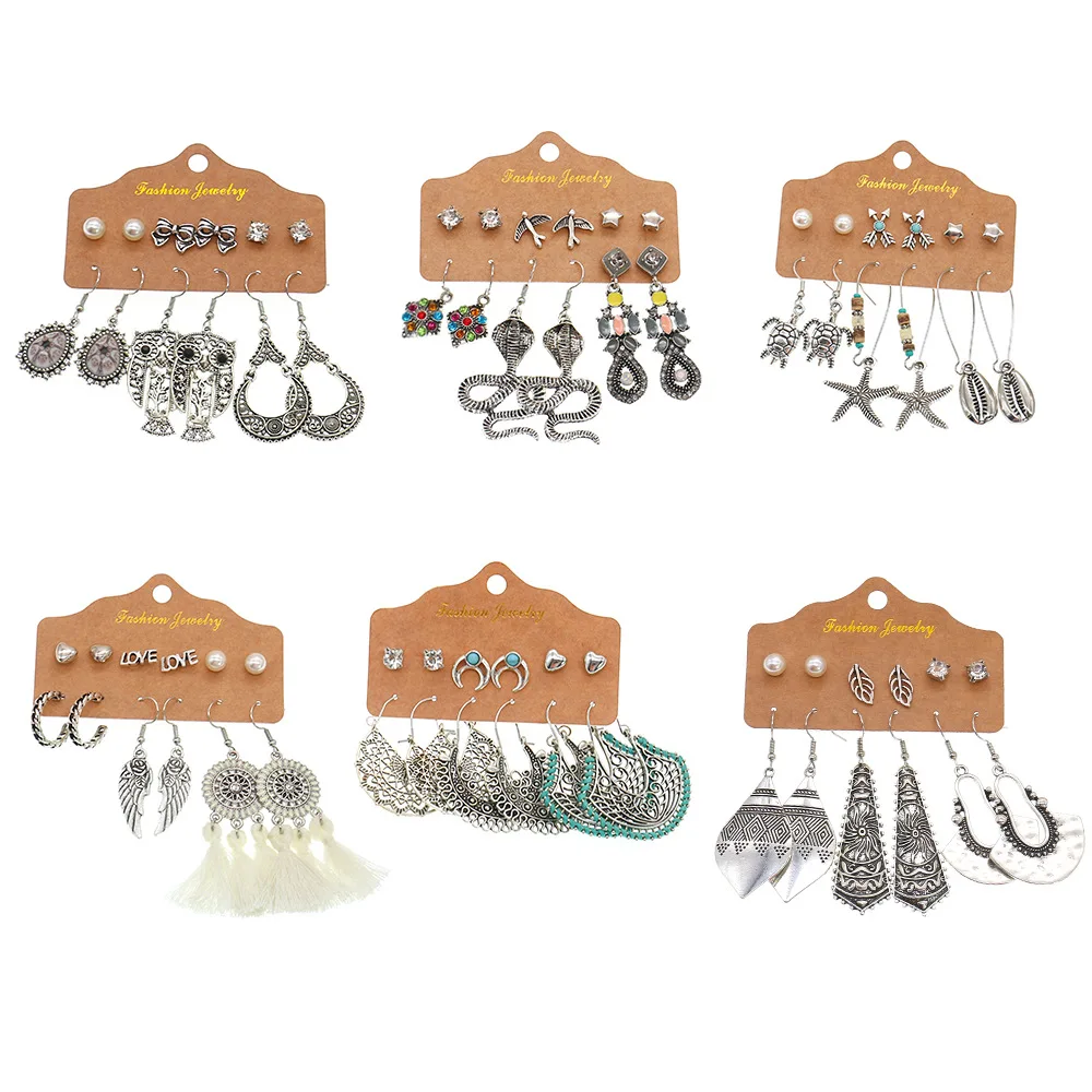 

Boho Ethnic Silver Color Vintage Geometry Snake Multicolor Dangle Drop Earrings Set Crystal Charm Jewelry Accessories for Woman