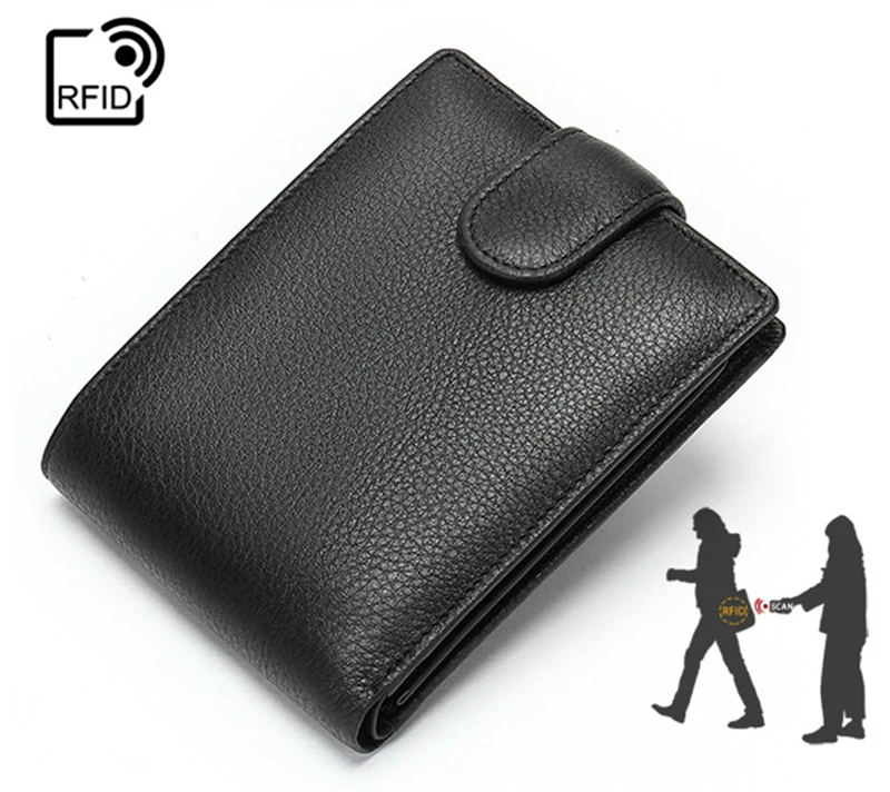 Men's Black Wallet Genuine Leather Short Purse RIFD Soft Cowhide Leather Wallet Male Female Money Cash Purse Card Wallet Coins images - 6