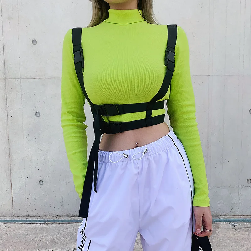 Женская водолазка с длинным рукавом стрейчевая неоново зеленая футболка поясом