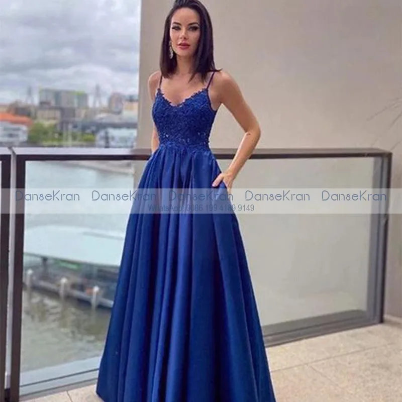

V-образный вырез Королевского синего цвета, платья для выпускного вечера 2021 длинные кружевной топ вечерние платья для вечерние Спагетти рем...