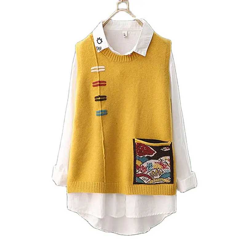 

2020 Spring Autumn O Neck Knitted Vest Korean Sweater Vest Vintage Women Striped Cashmere Vest Pocket Fashion Vest Sleeveless