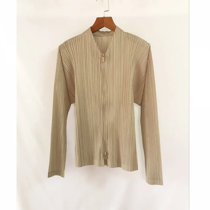 beige LANMREM Новинка Pttern тонкая однотонное с длинным рукавом цветная Повседневная стильная эластичная плиссированная Женская куртка на молнии модный тренд AI909 - Цвет: beige