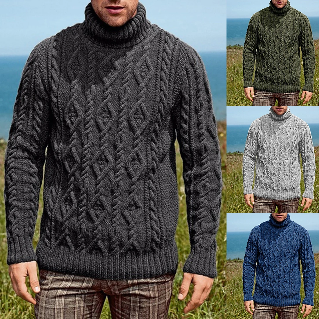 

4 Color Men Fashion Sweater Solid Color Long Sleeve Turleneck Winter Knitted Blouse Casual Plus Size Knitwear Pullover