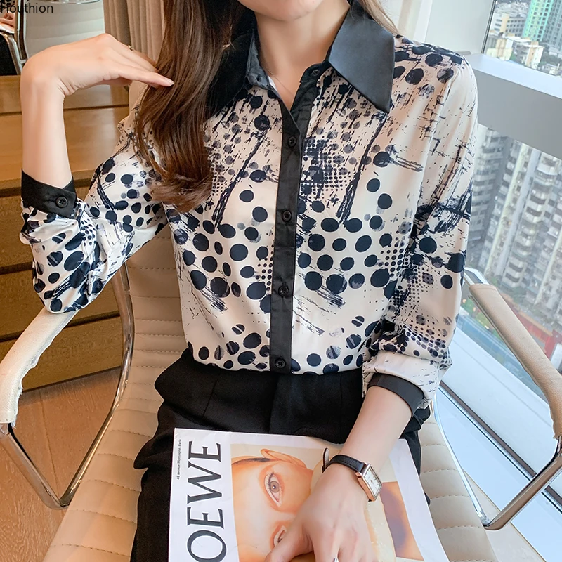 

Summer New Women's Blouses Polo Shirt Long Sleeve Tops Printed Blouse Chiffon Casual Fashion Loose