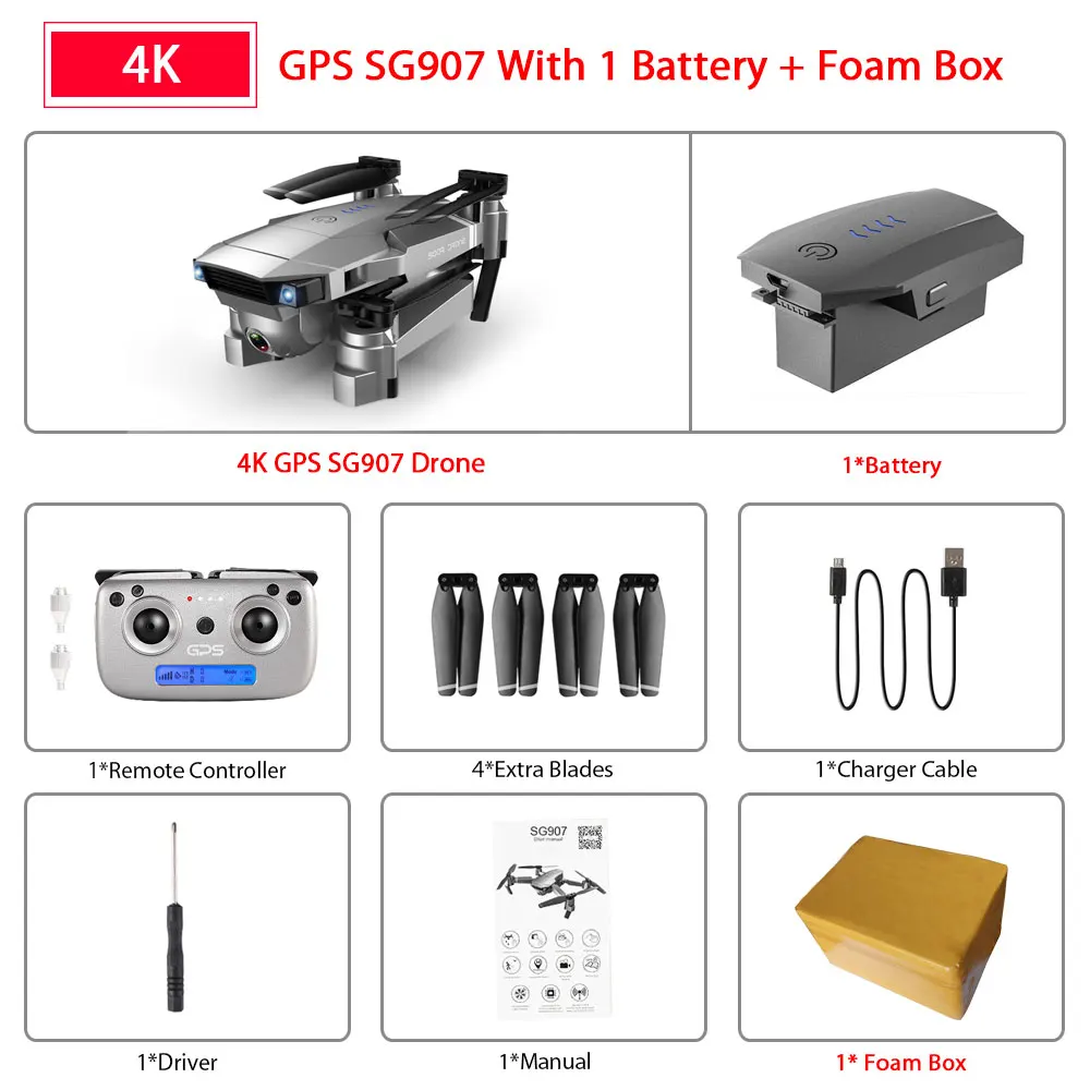 SG907 4K 1B Foam Box ZWN SG907 SG901 gps Радиоуправляемый квадрокоптер с Wifi FPV 1080P 4K HD Двойная камера оптический поток Дрон следуй за мной мини Дрон VS SG106 E502S - Цвет: SG907 4K 1B Foam Box