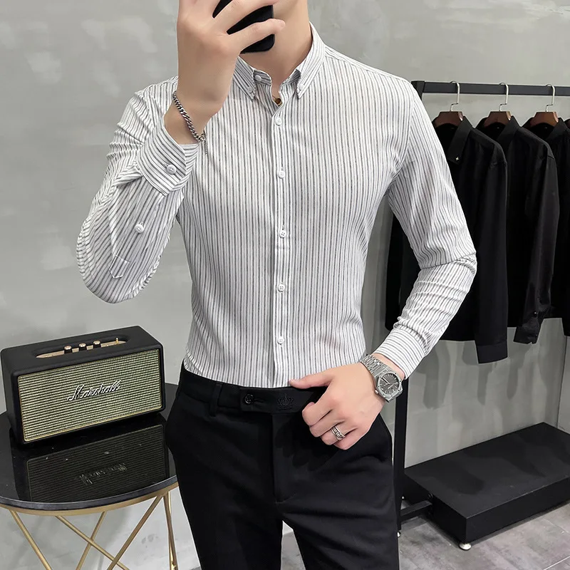 Korean style trendy men's long-sleeved shirts men's casual shirts Slim temperament striped shirts all-match four-season clothing
