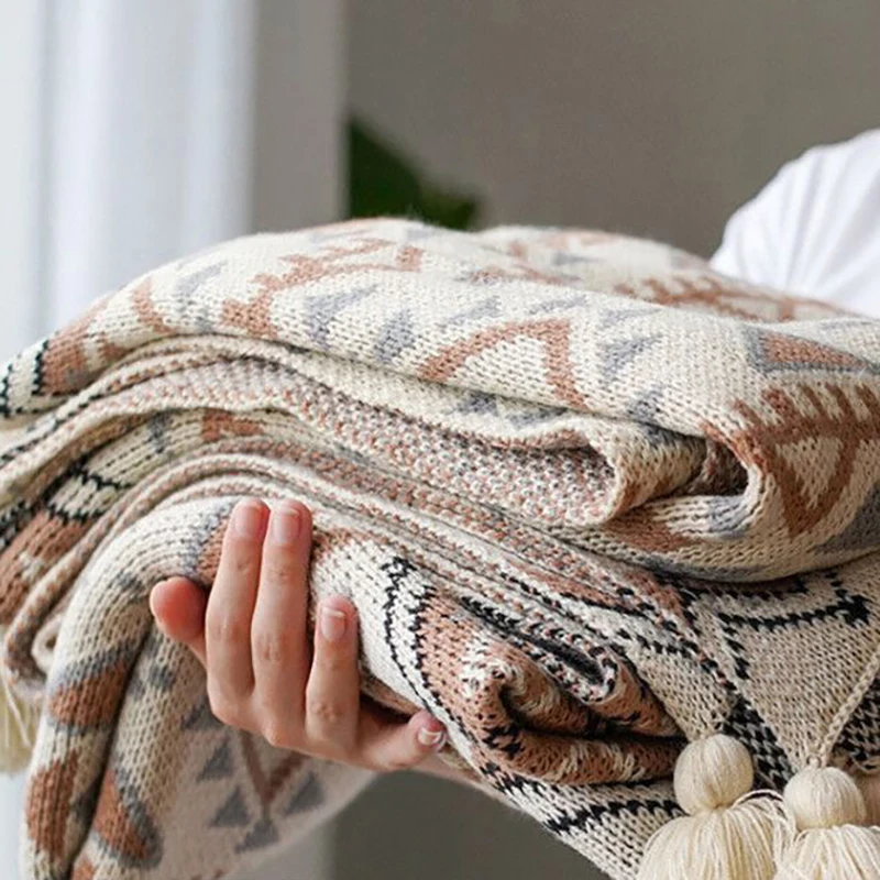 

Bohemian Knitted Blanket With Tassel Soft Chair Lounge Nap Blanket Nordic Style Leisure Sofa Cover For Office Home Decoration