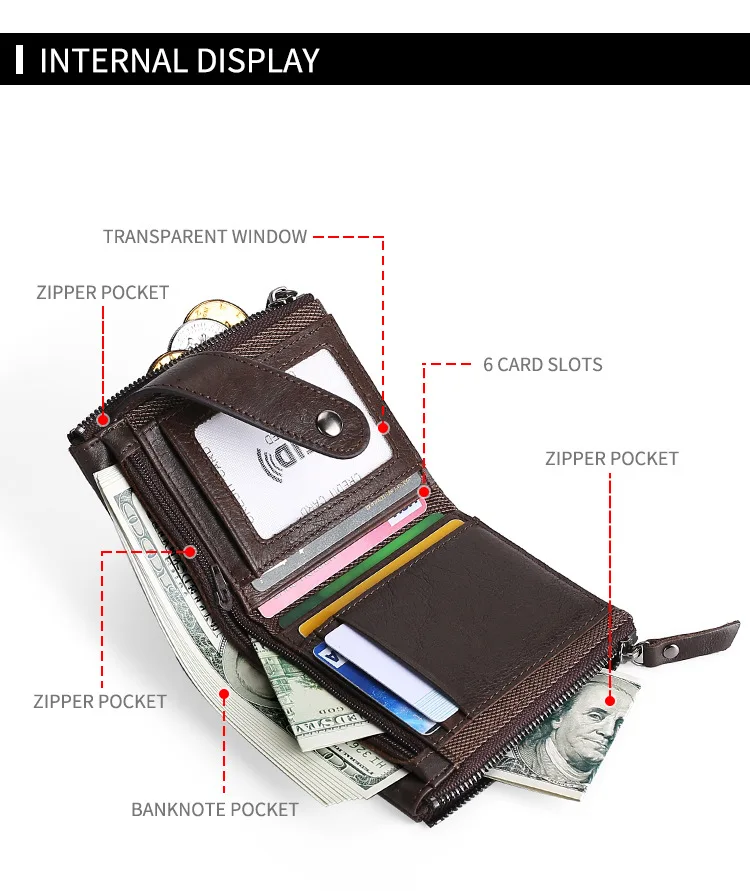 

Men's Wallet Vintage Genuine Leather Wallet for Men Zipper Snap Card Holder Purse RFID Blocking Male High Quality