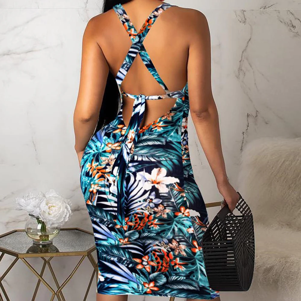 

2021 new fashion women's dress suspender exposed backpack hip skirt Printed Dress