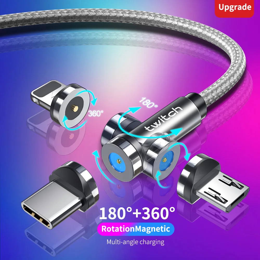 Twitch 540 Rotate Magnetic Cable Micro USB Type C Cable Magnetic Charging Charger Cable For iPhone Xiaomi Samsung USB Phone Wire