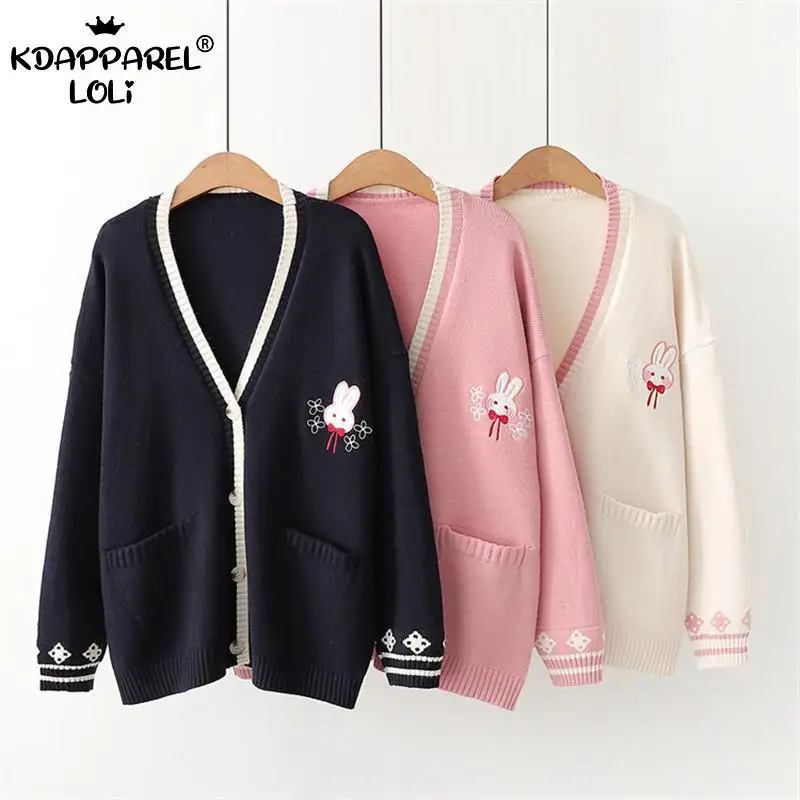 Милый кардиган для девочек с вышивкой кролика Свободный вязаный свитер