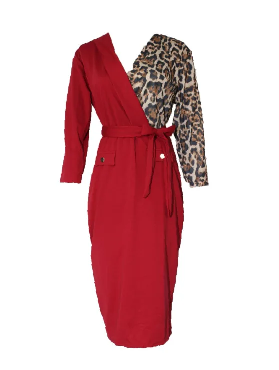 Женское платье-карандаш леопардовое лоскутное три четверти до середины икры для