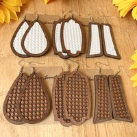 weaving pattern leather cork and wood teardrop dangle drop earrings for women wooden jewelry western style