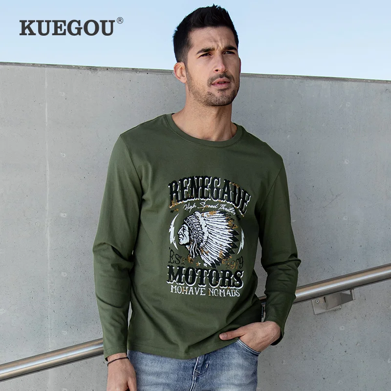 

KUEGOU 100% Cotton Spring Fashion Tees Men‘s T-shirt Long Sleeve Vintage Print Tshirt Top Quality Army green Plus Size 88109