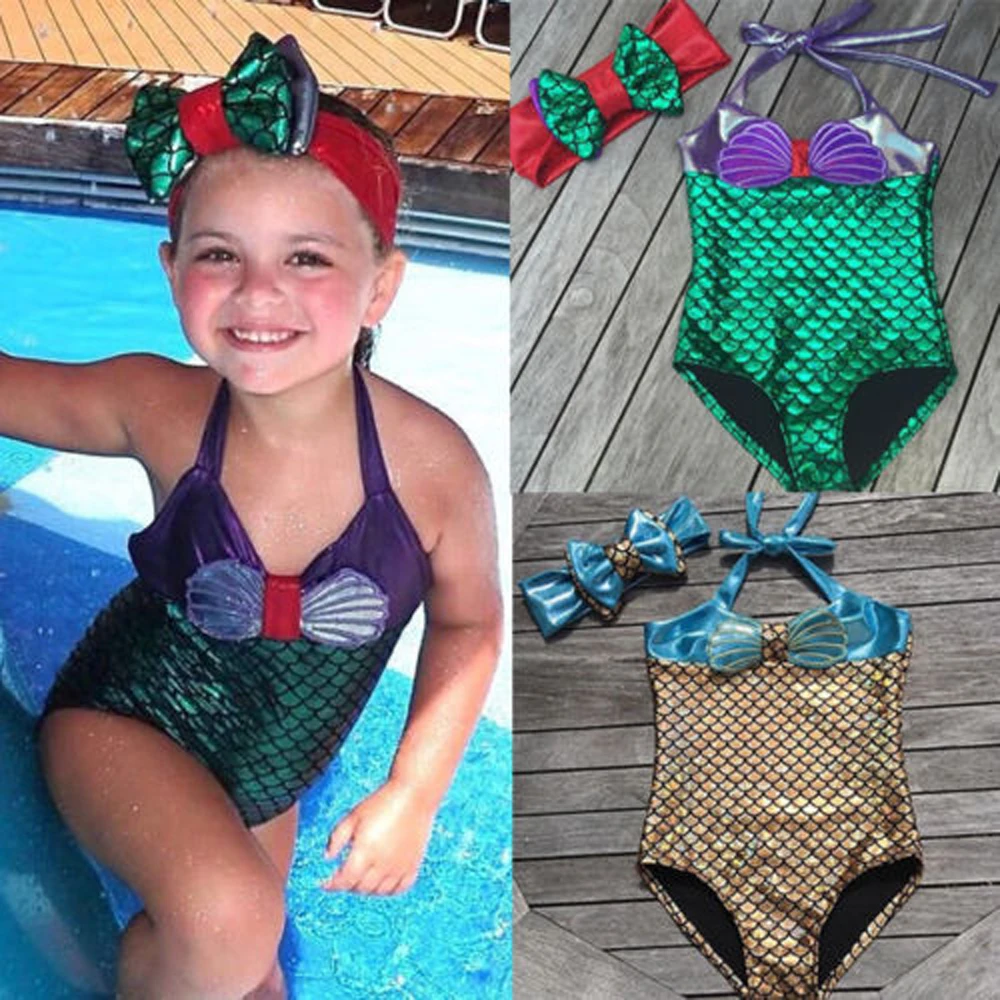 

Kid Girl Jumpsuit Bikini Shellfish Scale Mermaid Print Lace-up Swimwear Summer Clothes