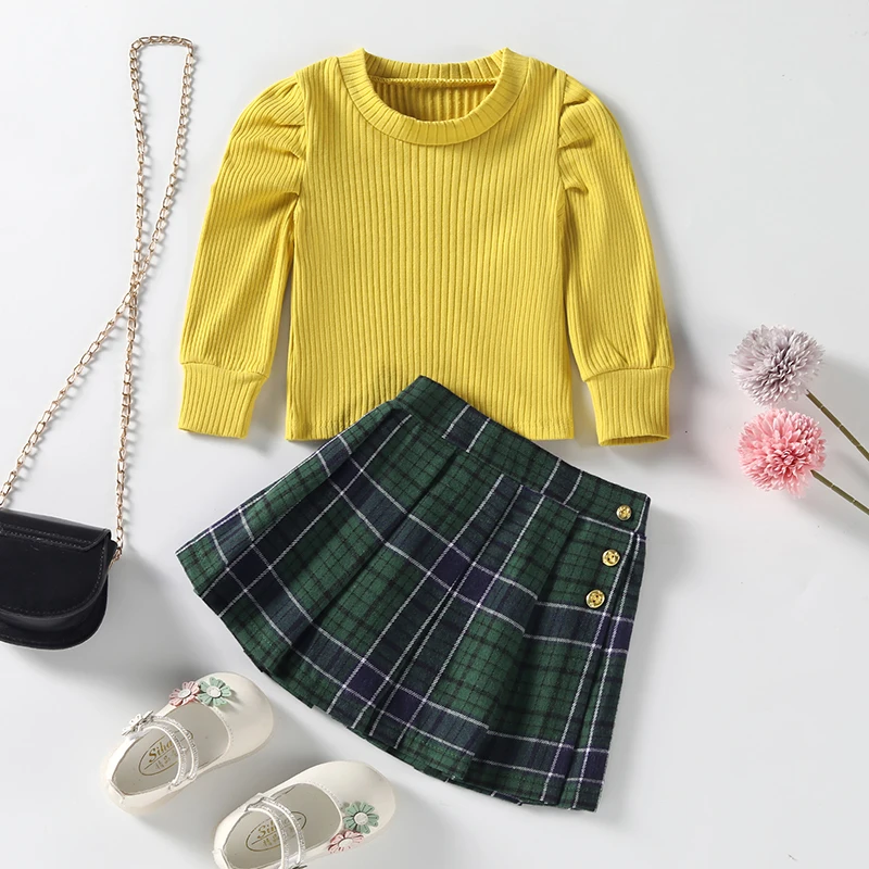 Toddler Baby Girl Autumn Clothes Set Long Sleeveless Round Neck Puff Sleeve Knitwear Tops + Plaid A-Line Pleated Skirt Outfits