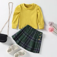 toddler baby girl autumn clothes set long sleeveless round neck puff sleeve knitwear tops plaid a line pleated skirt outfits