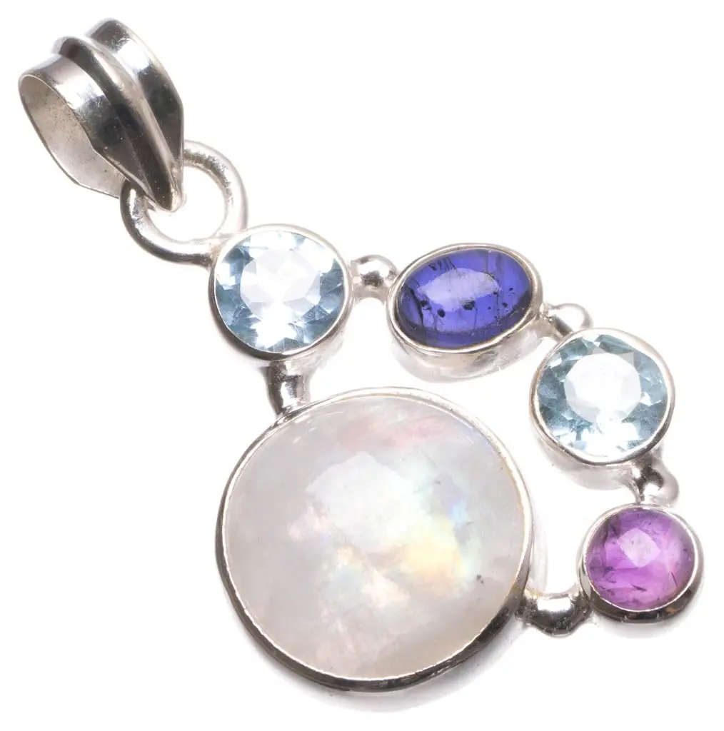 Натуральный лунный камень аметист и голубой топаз подвеска из стерлингового