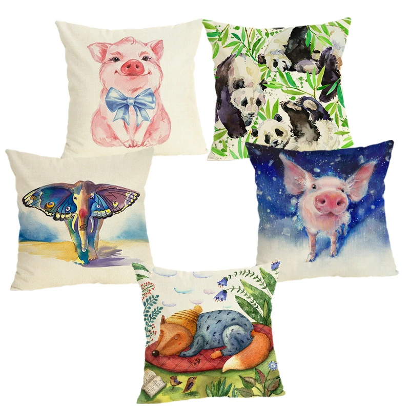 Льняная хлопковая наволочка с принтом свиньи рисунком животных из мультфильмов