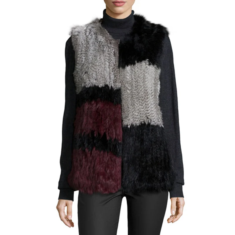 2020 Colorblock Rabbit Fur Vest Knitted Natural Fur Multi Colors real rabbit fur vest  Natural Fur Shawl Fashion
