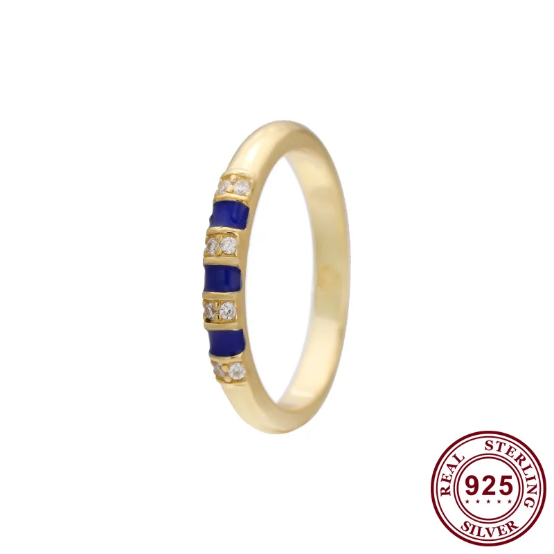 

Original 925 Sterling Silver Pan Ring Dark Blue Enamel Stripe Ring For Women Wedding Party Gift Fashion Jewelry