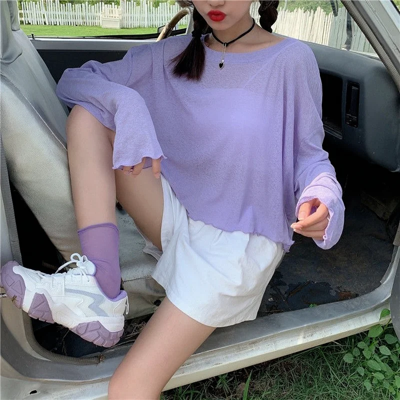 Женские футболки с длинным рукавом однотонные Короткие топы Летняя тонкая
