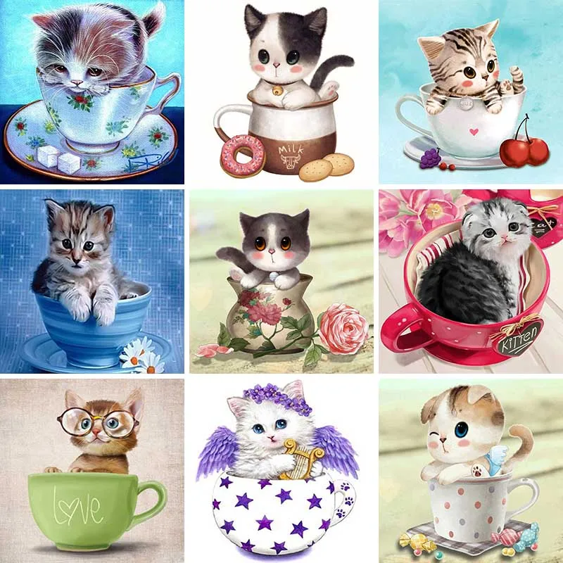 

Cartoon Diamond Painting Cat Teacup Full Drill Diamond Embroidery Dessert Photo 5D DIY Mosaic Picture Of Kits Home Adornment T73