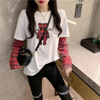 spring 2021 new female sleeve stitching fake two piece top loose cotton inner long sleeved t shirt bottoming shirt