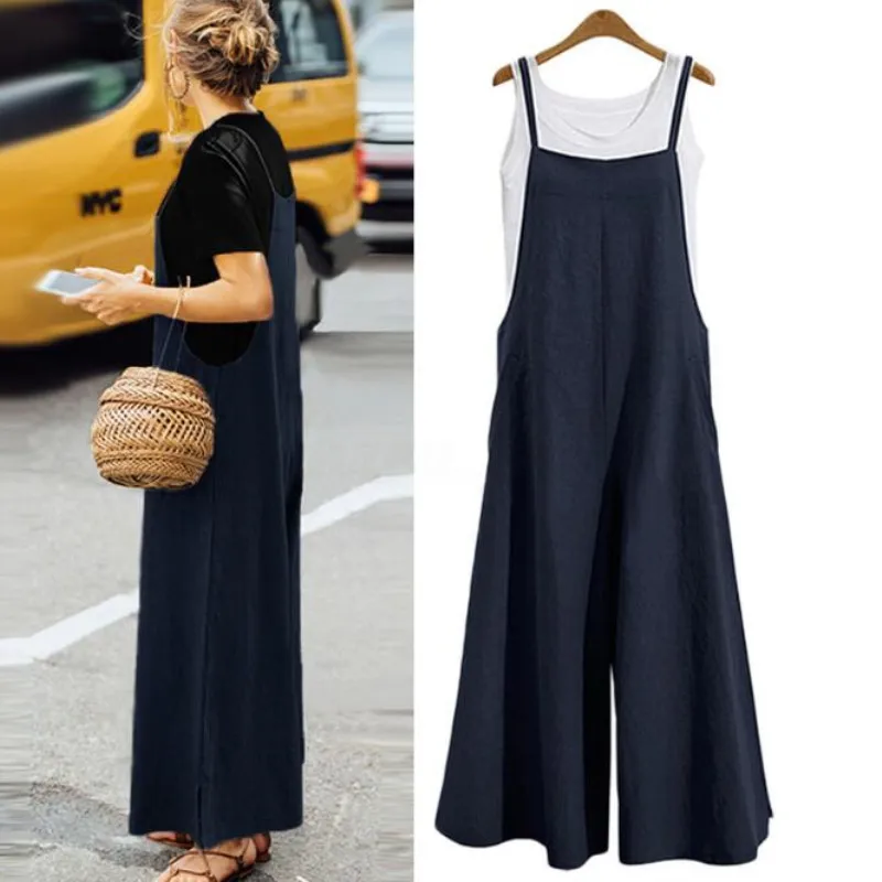 

Summer Women Casual Solid Strap Wide Leg Pants Pockets Romper Dungaree Bib Overalls Loose Cotton Linen Jumpsuits