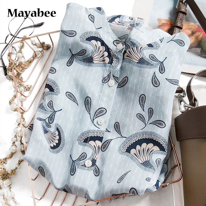 Mayabee European Fashion Plus Size Women's 2021 Spring Mulberry Silk Blue Striped Printed Round Neck Button Shirt Top