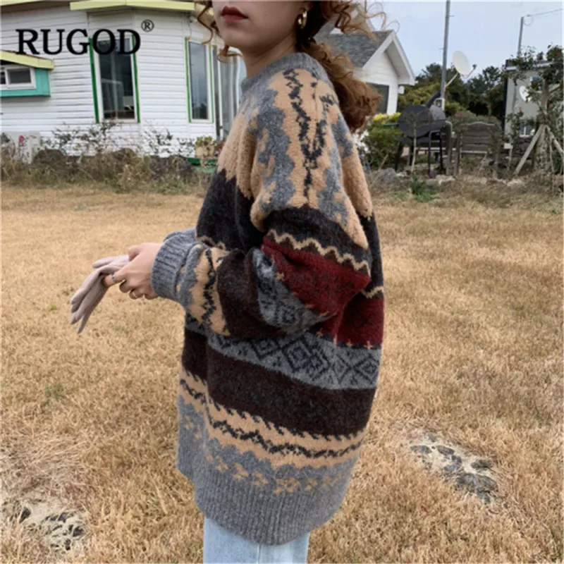

Vintage Knitted Women Sweater 2020 Korean Casual Stripe Long Sleeve Pullover Sweaters Office Lady Loose Stripe Sweater
